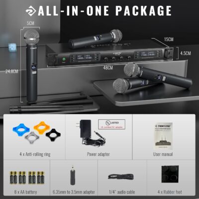 71a1ZUPwaTL. AC SL1500 Phenyx Pro Wireless Microphone System, Quad Channel Wireless Mic, w/ 4×40 UHF Frequencies, Auto Scan, 328ft Long Range, 4 Handheld Dynamic Microphone for Singing, Church, Karaoke (PTU-7000-4H)
