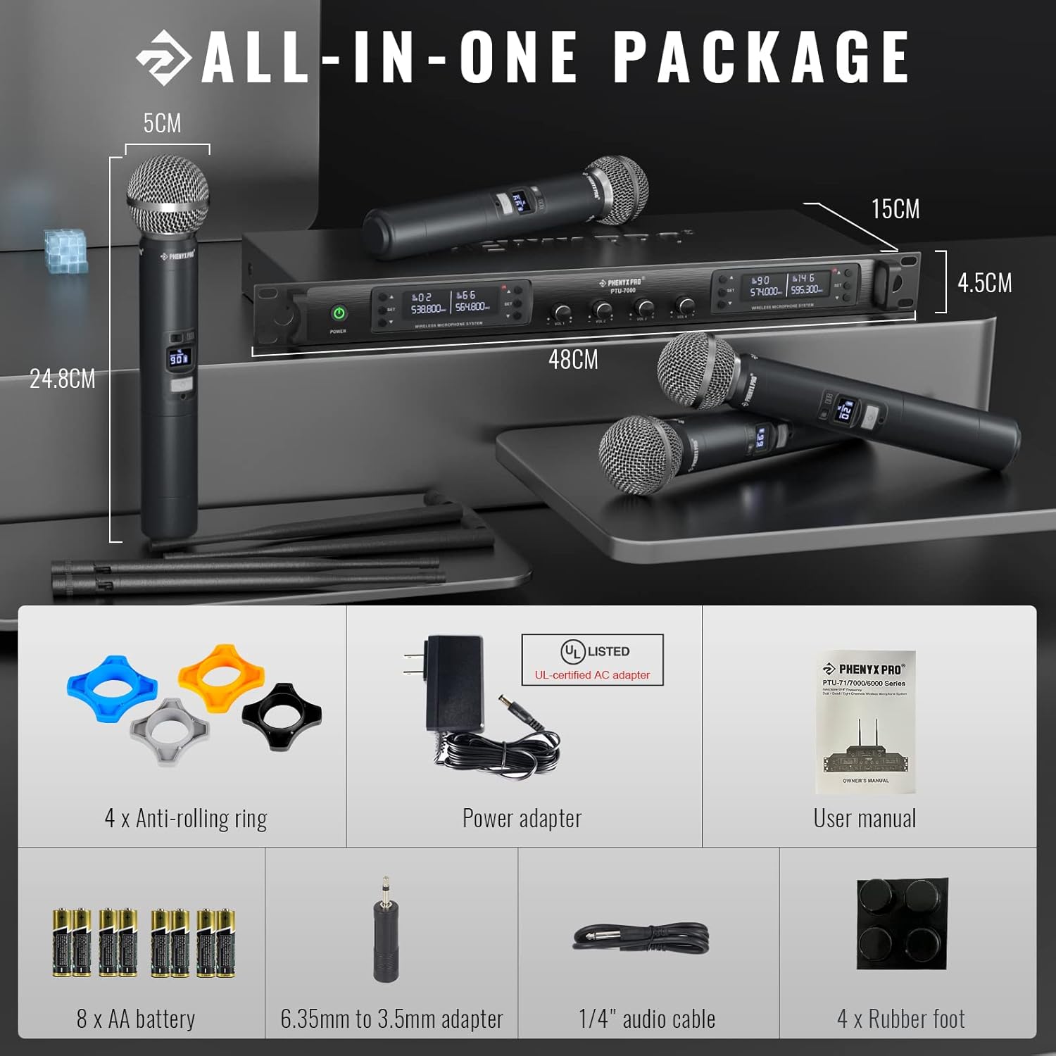 Phenyx Pro Wireless Microphone System, Quad Channel Wireless Mic, w/ 4×40 UHF Frequencies, Auto Scan, 328ft Long Range, 4 Handheld Dynamic Microphone for Singing, Church, Karaoke (PTU-7000-4H)
