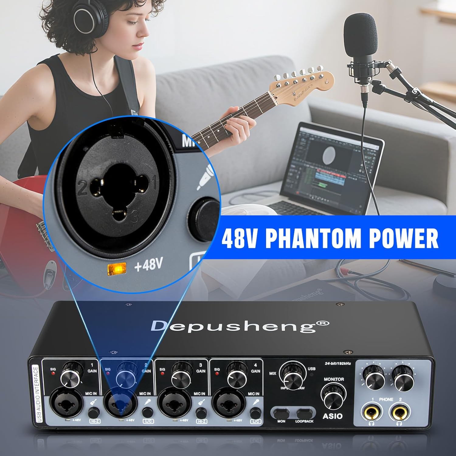 Depusheng USB Audio Interface with ASIO Drivers, 24Bit 192Khz, Phantom Power +48v, Low Latency for Home Studio Recording, PC/MAC Compatible (4 CHANNEL)