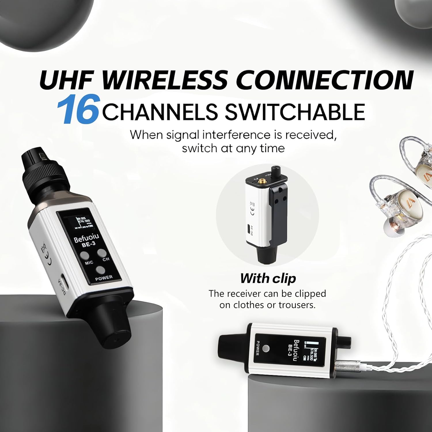 UHF Wireless In Ear Monitor System with Pro Earphone, Metal Wireless IEM System, 16 Adjustable Channel, Portable Rechargeable Transmitter and bodypack Receiver for Studio, Band, Live Performance