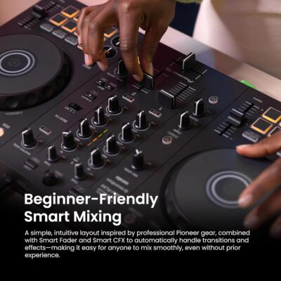 Pioneer DJ DDJ-FLX4 2-Channel DJ Controller – Black Bundle with Laptop Stand, Headphones, and Austin Bazaar Polishing Cloth