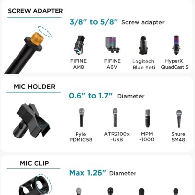InnoGear Microphone Stand, Tripod Boom Arm Floor Mic Stand Height Adjustable Heavy Duty with Carrying Bag 2 Mic Clips 3/8 to 5/8 Adapter for Singing Podcast for Blue Yeti Shure SM58 SM48 Samson Q2U