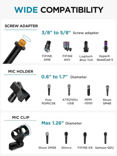 InnoGear Microphone Stand, Tripod Boom Arm Floor Mic Stand Height Adjustable Heavy Duty with Carrying Bag 2 Mic Clips 3/8 to 5/8 Adapter for Singing Podcast for Blue Yeti Shure SM58 SM48 Samson Q2U