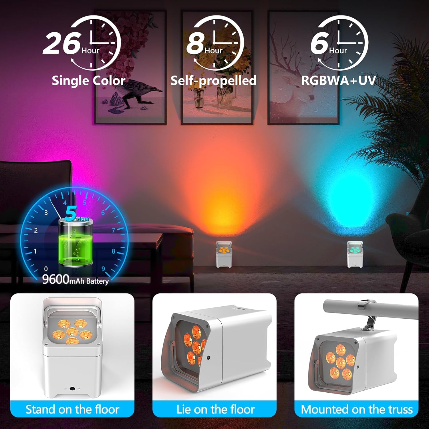 Battery Powered Stage Lights, 9600mAh Rechargeable Par Can Lights 6x18W RGBWA+UV APP/Remote/DMX512/Sound Activated, Uplights for Events Party Wedding DJ Concert Christmas Dance White