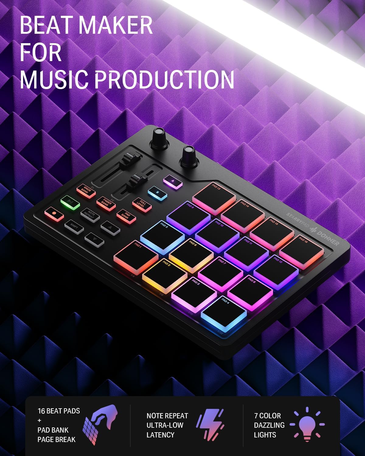 Donner MIDI Pad Beat Maker Machine Professional, Drum Machine with 16 Beat Pads, 2 Assignable Fader & Knobs and Music Production Software, USB MIDI Controller with 40 Courses, STARRYPAD