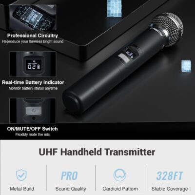 Phenyx Pro Wireless Microphone System, 8-Channel Wireless Mic, w/ 8 Handheld Dynamic Microphones, Auto Scan,8×40 UHF Frequencies, 328ft Range, Mics for Singing,Church, Karaoke(PTU-6000-8H)