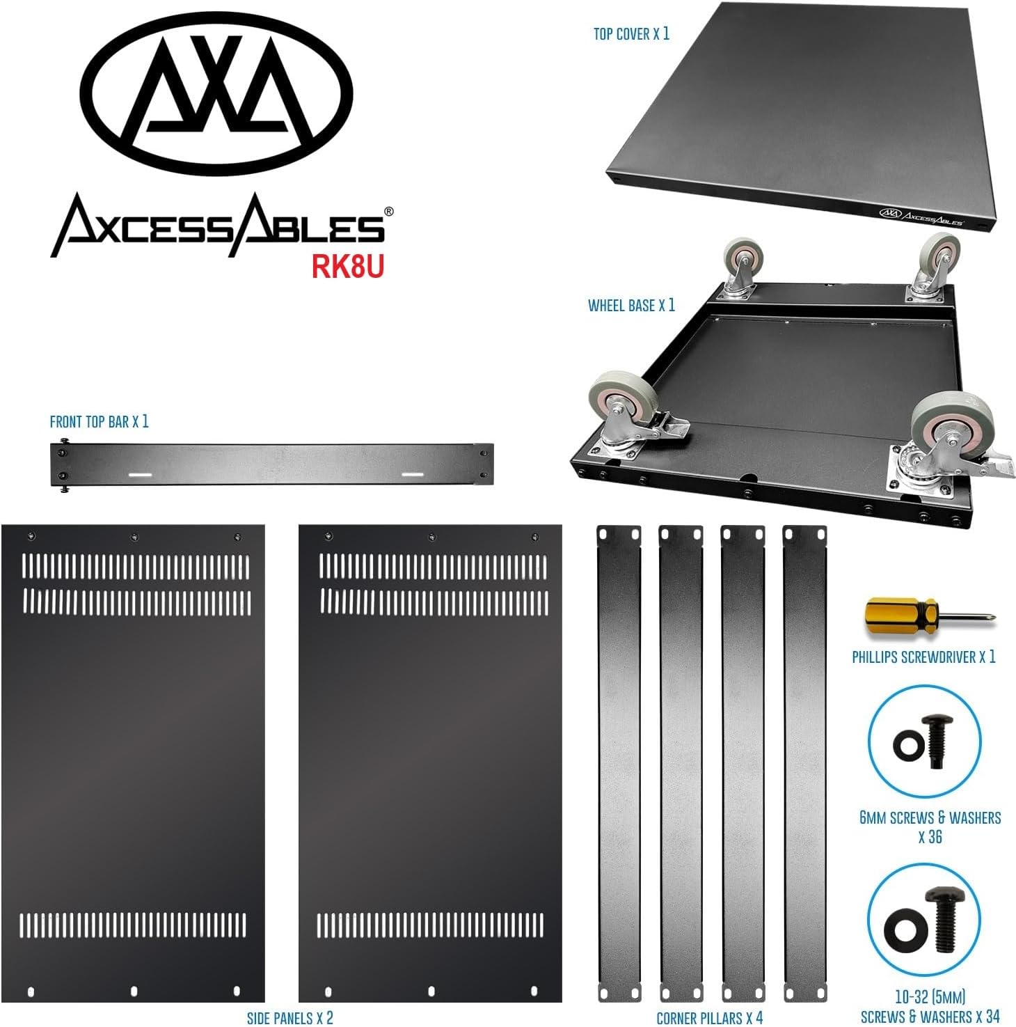 AxcessAbles 8U 19 Homelab Server Rack | 550-LB Capacity | Open Frame with Removable Side Panels | Rolling Rack Cabinet w/Locking 3 Casters | Network, AV & Studio Gear | Includes 5mm & 6mm Screws