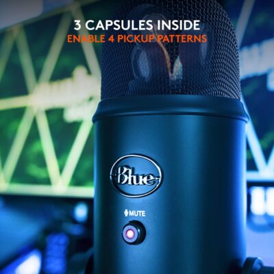 Logitech Creators Blue Yeti USB Microphone for PC, Mac, Gaming, Recording, Streaming, Podcasting, Studio and Computer Condenser Mic with Blue VO!CE effects, 4 Pickup Patterns, Plug and Play – Blackout