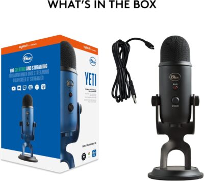 Logitech Creators Blue Yeti USB Microphone for PC, Mac, Gaming, Recording, Streaming, Podcasting, Studio and Computer Condenser Mic with Blue VO!CE effects, 4 Pickup Patterns, Plug and Play – Blackout