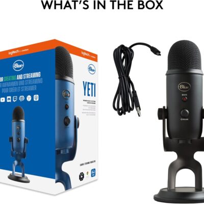 Logitech Creators Blue Yeti USB Microphone for PC, Mac, Gaming, Recording, Streaming, Podcasting, Studio and Computer Condenser Mic with Blue VO!CE effects, 4 Pickup Patterns, Plug and Play – Blackout