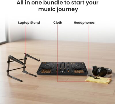 Pioneer DJ DDJ-FLX4 2-Channel DJ Controller – Black Bundle with Laptop Stand, Headphones, and Austin Bazaar Polishing Cloth