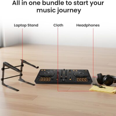 Pioneer DJ DDJ-FLX4 2-Channel DJ Controller – Black Bundle with Laptop Stand, Headphones, and Austin Bazaar Polishing Cloth