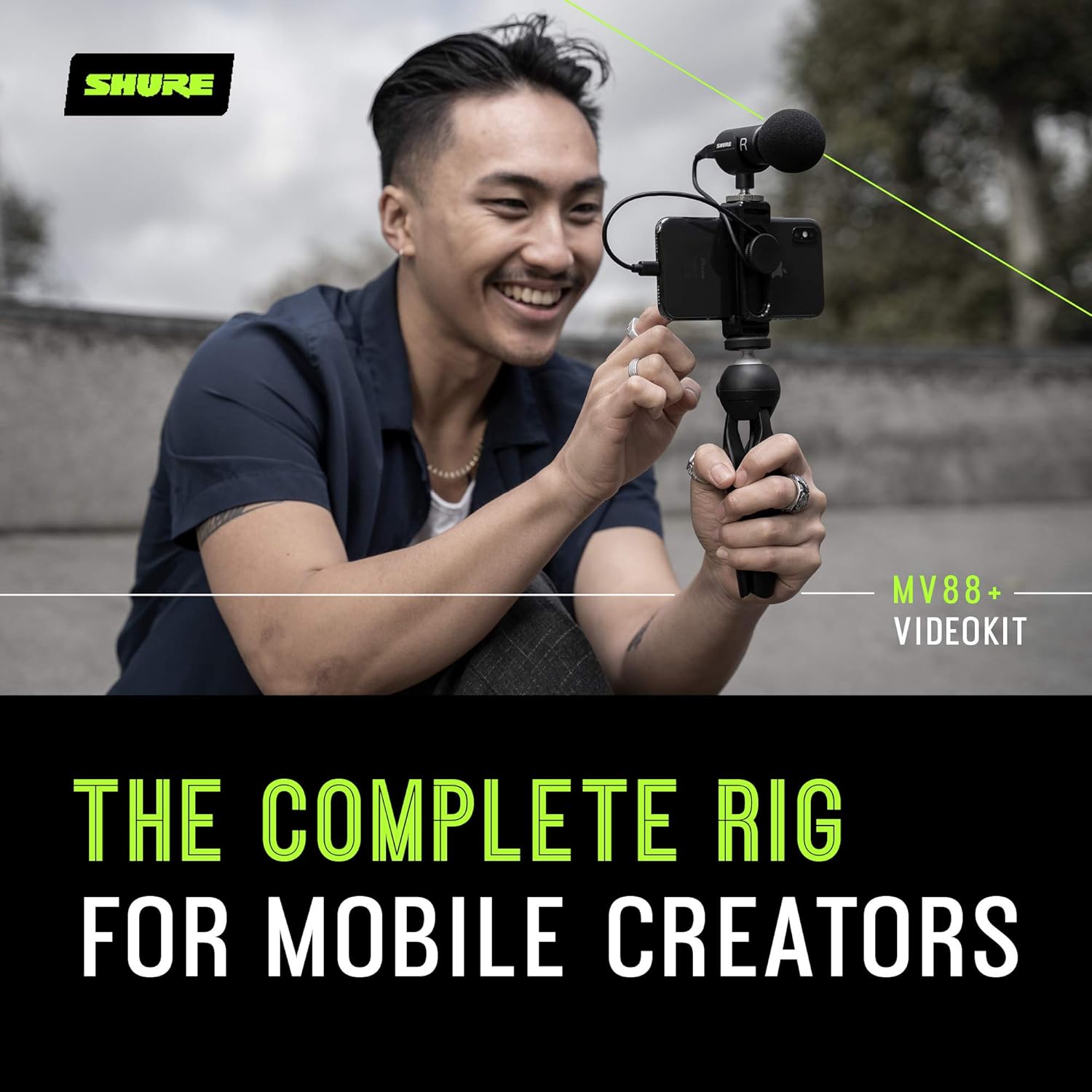 Shure MV88+ Video Kit Digital Stereo Condenser Microphone for iPhone, Android, Mac & PC – Portable Recording Mic with DSP Controls, Headphone Monitoring & Tripod, Black
