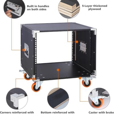 Movable AV Gear Rack 8U 19in Mobile Floor Standing Network Device Storage Cabinet Stand – Audio Stereo Studio DJ Equipment Rack Server IT Data Devices Storage Cabinet Enclosure with Castors