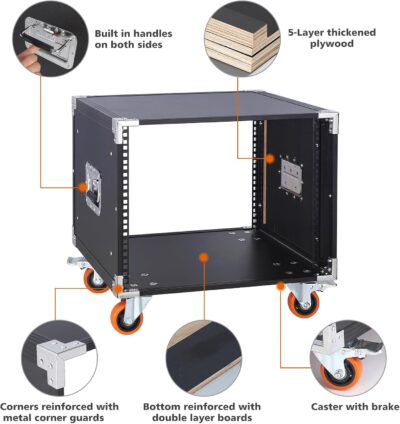Movable AV Gear Rack 8U 19in Mobile Floor Standing Network Device Storage Cabinet Stand – Audio Stereo Studio DJ Equipment Rack Server IT Data Devices Storage Cabinet Enclosure with Castors