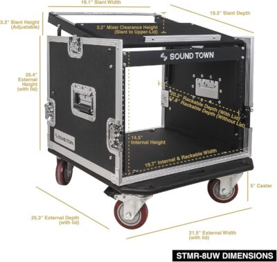 Sound Town Enhanced Thickness 1/2 (12mm) Plywood 8U Audio Rack/Road ATA Case with 11U Slant Mixer Top, 20 Rackable Depth, Casters, 8 Space Size, Pro Tour Grade (STMR-8UW)