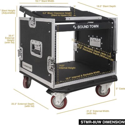 Sound Town Enhanced Thickness 1/2 (12mm) Plywood 8U Audio Rack/Road ATA Case with 11U Slant Mixer Top, 20 Rackable Depth, Casters, 8 Space Size, Pro Tour Grade (STMR-8UW)
