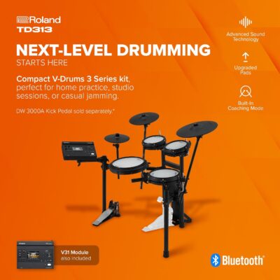 Roland TD313 V-Drums | Compact 3 Series V-Drum Kit | V31 Sound Module | Advanced Sound Technology | Upgraded Pads & Accurate Cymbal Triggering | Integrated Coach Mode | Expanded I/O Features
