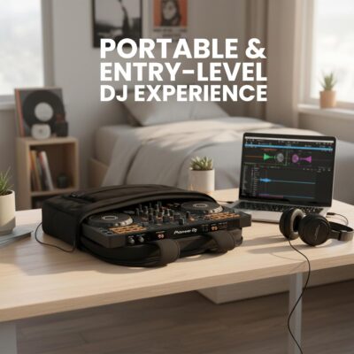 Pioneer DJ DDJ-FLX4 2-Channel DJ Controller – Black Bundle with Laptop Stand, Headphones, and Austin Bazaar Polishing Cloth