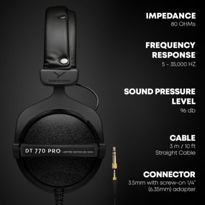 71nCgfpO1OL. AC SL1500 beyerdynamic DT 770 PRO, 80 Ohm, Closed Back, Over Ear, Wired Professional Studio Headphones, Home Recording, Podcast, Monitor, 3m Straight Cable, Black with Limited Edition Black Velour Ear Pads