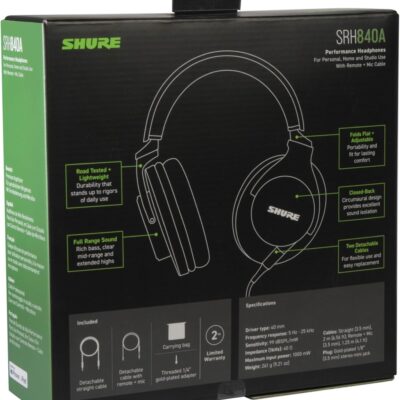 Shure SRH840A Professional Over-Ear Wired Studio Headphones for Recording, Mixing & Monitoring – Closed-Back Circumaural Design with Detachable Cable, Black