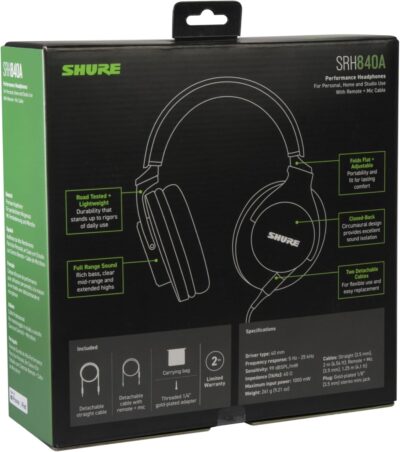 Shure SRH840A Professional Over-Ear Wired Studio Headphones for Recording, Mixing & Monitoring – Closed-Back Circumaural Design with Detachable Cable, Black