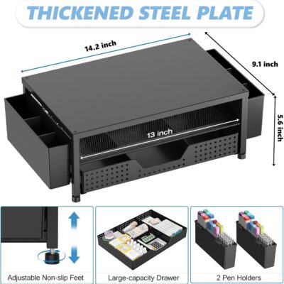 OPNICE Desk Organizers and Accessories, Computer Monitor Stand Riser with Drawer and 2 Pen Holders, Printer & Laptop Stand, Office Desk Accessories & Workspace Organizers for Home Office Supplies, Black