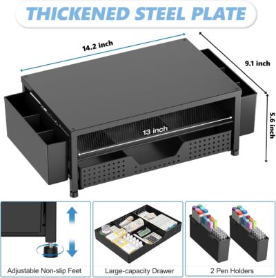 OPNICE Desk Organizers and Accessories, Computer Monitor Stand Riser with Drawer and 2 Pen Holders, Printer & Laptop Stand, Office Desk Accessories & Workspace Organizers for Home Office Supplies, Black
