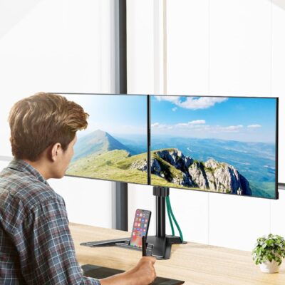 MOUNT PRO Dual Monitor Stand, Free-Standing Full Motion Monitor Desk Mount Fits 2 Screens up to 27 inches,17.6lbs with Height Adjustable, Swivel, Tilt, Rotation, VESA 75×75 100×100, Black