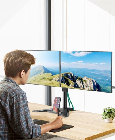 MOUNT PRO Dual Monitor Stand, Free-Standing Full Motion Monitor Desk Mount Fits 2 Screens up to 27 inches,17.6lbs with Height Adjustable, Swivel, Tilt, Rotation, VESA 75×75 100×100, Black