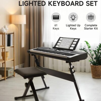 71spRcv3p L. AC SL1500 Donner 61 Key Keyboard Piano, Electric Piano Keyboard Set with Lighted Keys, LCD Display, 300 Tones & 256 Rhythms, Z-Stand, Bench, Learning Modes, Complete Kit for Beginners, Black(DEK-630)