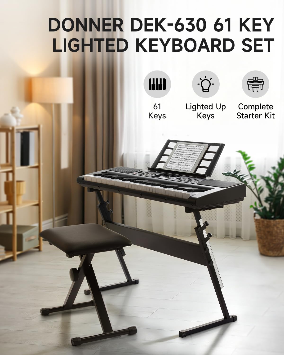 Donner 61 Key Keyboard Piano, Electric Piano Keyboard Set with Lighted Keys, LCD Display, 300 Tones & 256 Rhythms, Z-Stand, Bench, Learning Modes, Complete Kit for Beginners, Black(DEK-630)