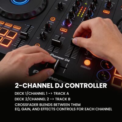 Pioneer DJ DDJ-FLX4 2-Channel DJ Controller – Black Bundle with Laptop Stand, Headphones, and Austin Bazaar Polishing Cloth