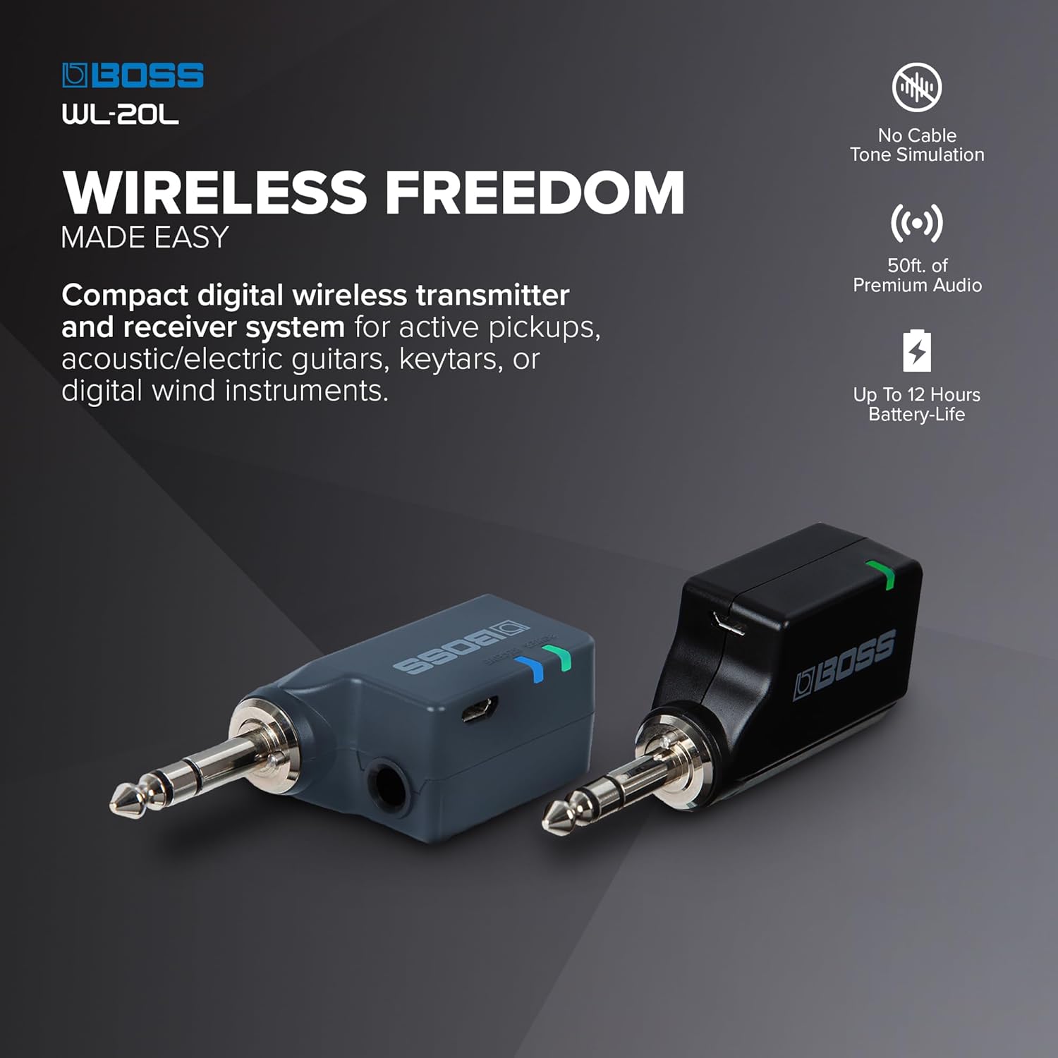 BOSS WL-20L | Compact Wireless Instrument System | Plug-And-Play Wireless System for Acoustic/Electric Guitars & More| Lightning-Fast BOSS Technology | No Cable Tone Simulation | Up To 50ft Range