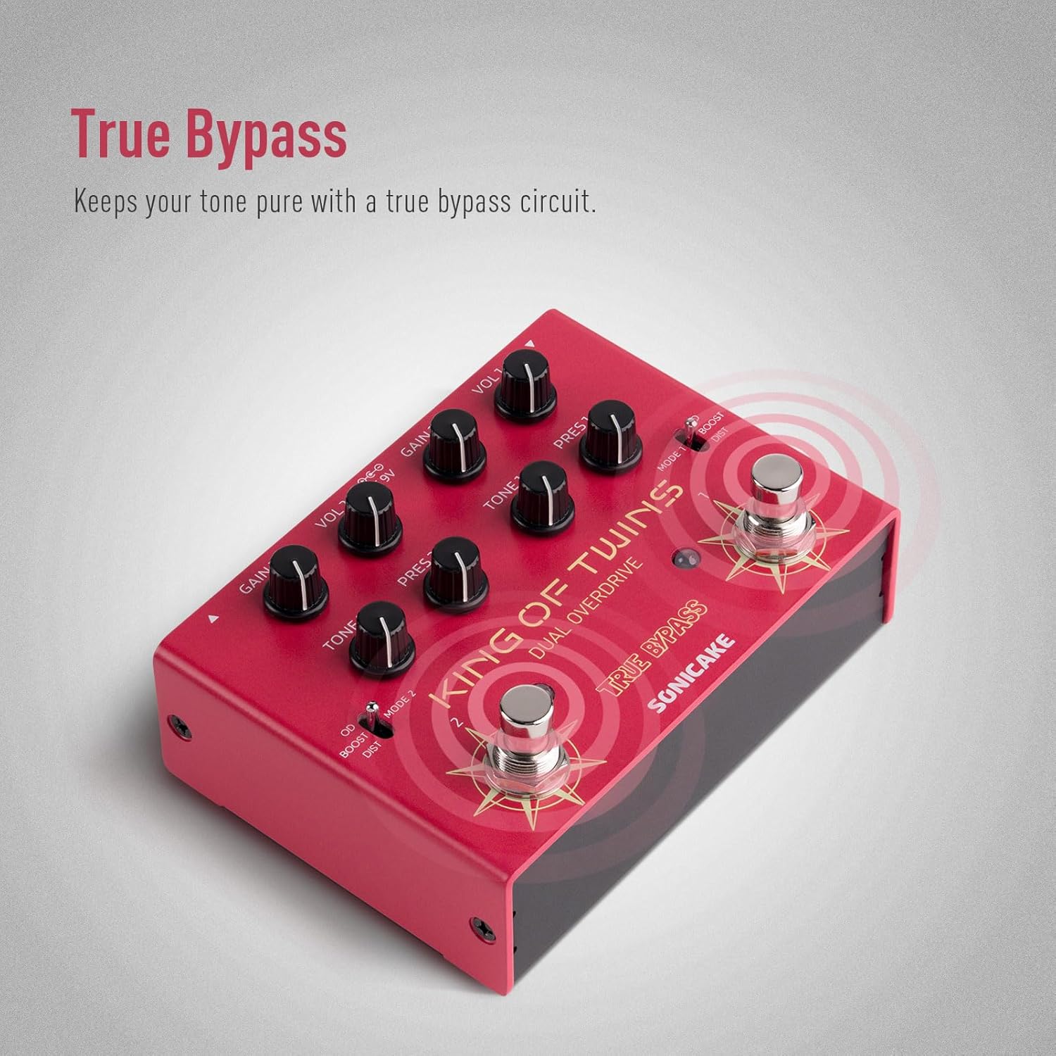 SONICAKE Overdrive Pedal, Dual Channel 3 Modes – Overdrive/Boost/Distortion Compact Effects Pedal for Bass Electric Guitar, Pure Analog Circuit, True Bypass – King of Twins QDS-08
