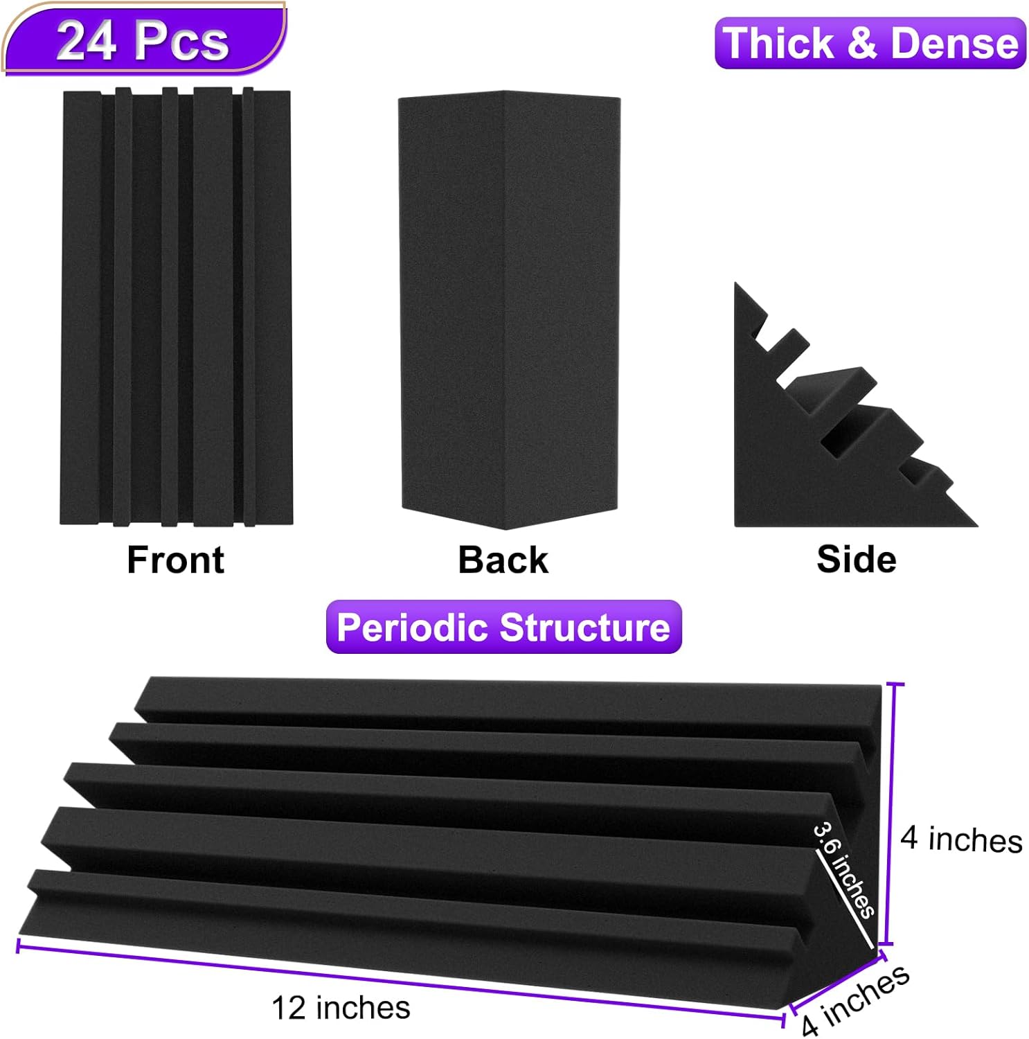 TroyStudio Bass Traps – 24 Pcs 4 X 4 X 12 Inches Dense Thick Studio Bass Foam Corner, Acoustic Treatment Panel Absorbing Echo Reverb, Low Frequency Sound Absorber for Music Room Home Recording Studio