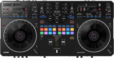 Pioneer DDJ-REV5 4-Deck DJ Controller – Black Bundle with Laptop Stand, Headphones, and Austin Bazaar Polishing Cloth