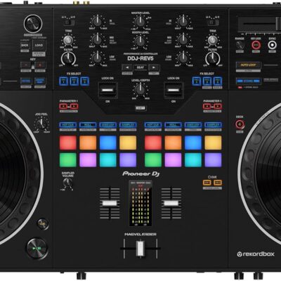 Pioneer DDJ-REV5 4-Deck DJ Controller – Black Bundle with Laptop Stand, Headphones, and Austin Bazaar Polishing Cloth