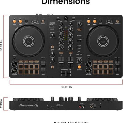 Pioneer DJ DDJ-FLX4 2-Channel DJ Controller – Black Bundle with Laptop Stand, Headphones, and Austin Bazaar Polishing Cloth
