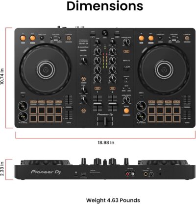 Pioneer DJ DDJ-FLX4 2-Channel DJ Controller – Black Bundle with Laptop Stand, Headphones, and Austin Bazaar Polishing Cloth