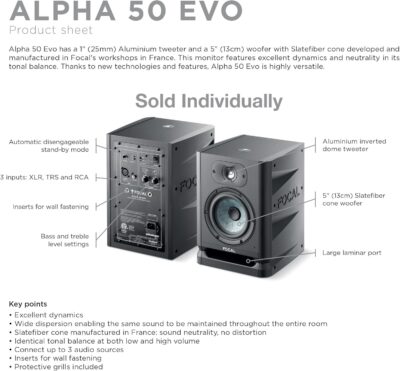 Focal Alpha 50 Evo – 5 Active 2-Way Studio Monitor, 60W RMS Bi-Amp, Slatefiber Woofer, 45Hz–22kHz, Neutral Nearfield Reference Speaker – Sold Individually