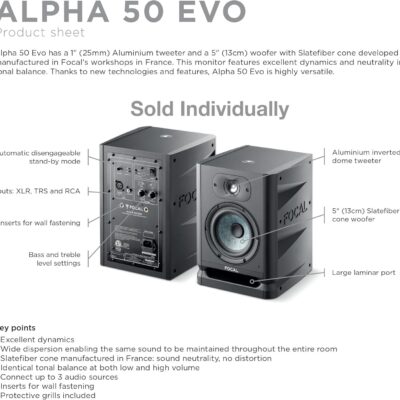 Focal Alpha 50 Evo – 5 Active 2-Way Studio Monitor, 60W RMS Bi-Amp, Slatefiber Woofer, 45Hz–22kHz, Neutral Nearfield Reference Speaker – Sold Individually