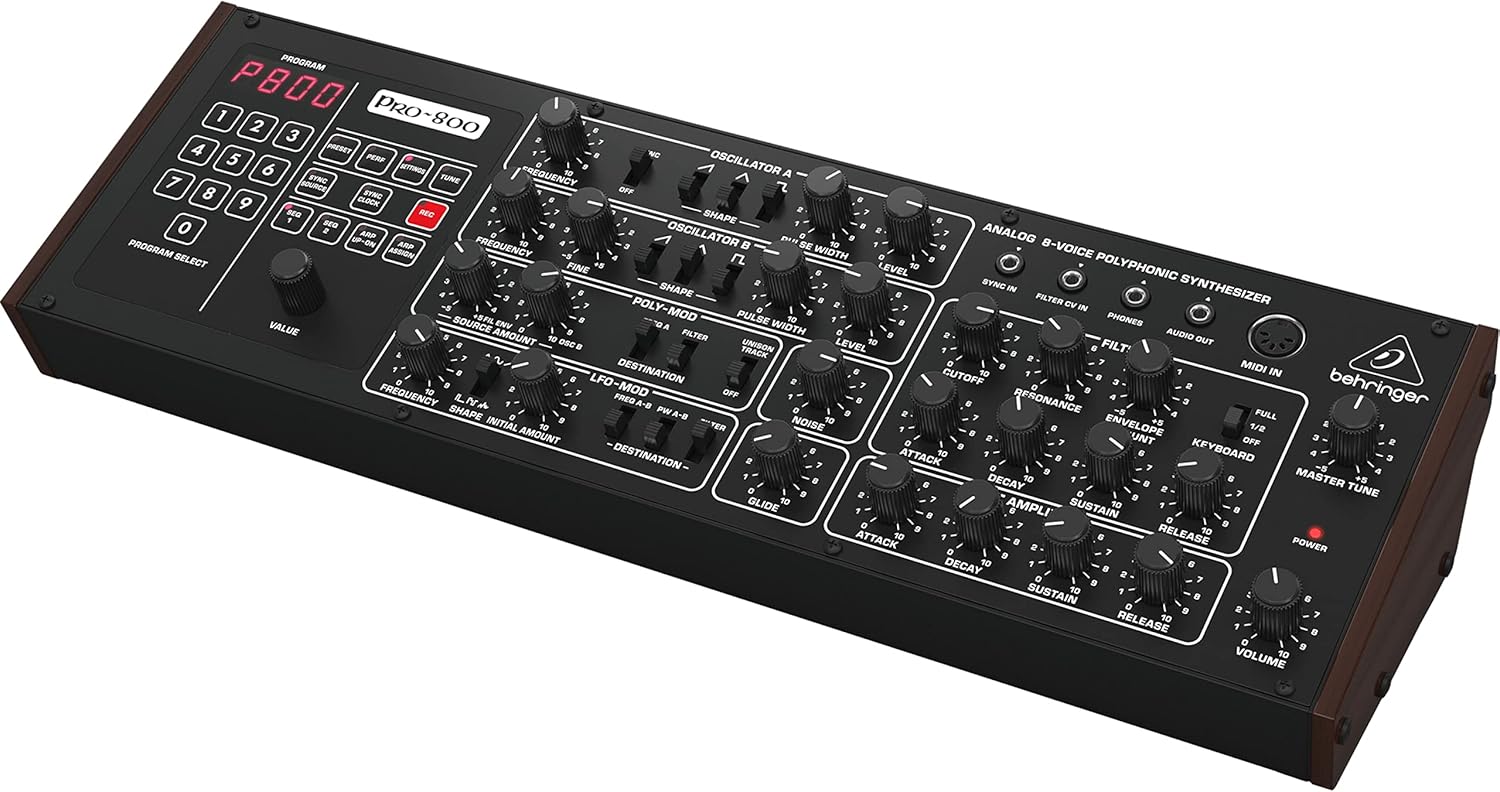 Behringer PRO-800 Classic Analog 8-Voice Polyphonic Synthesizer with 2 VCOs, Classic VCF, Arpeggiator, Sequencer and 400 Program Memories in Eurorack Format