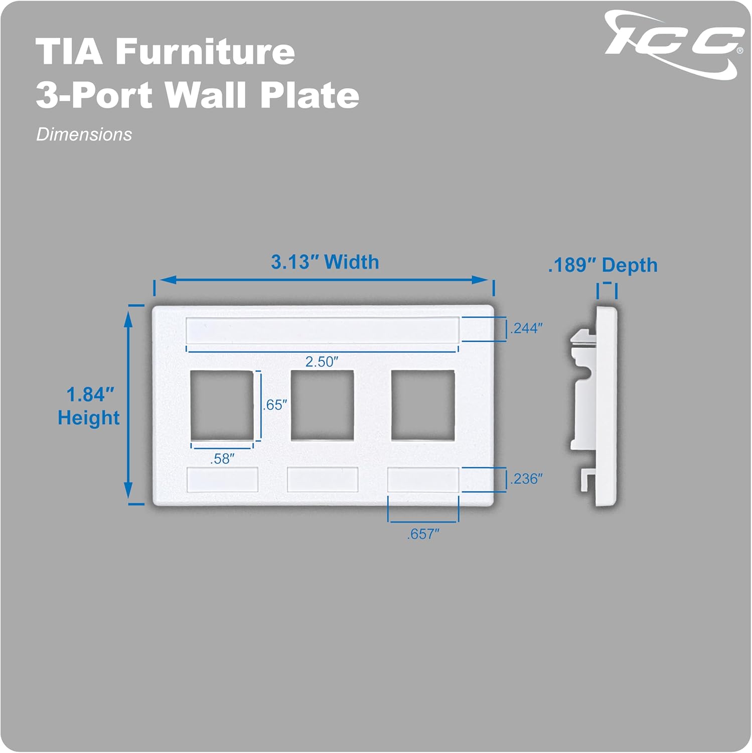 ICC Modular Furniture Faceplate with 3 Ports (10 Pack), TIA Cutout Compatible, 1-Piece Fixed Design, Keystone Jack Support, Black