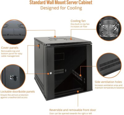 Tecmojo 12U Wall Mount Server Cabinet IT Network Rack Enclosure Lockable Door and Side Panels Black,Cooling Fan,Glass Door,17.7inch Depth,for 19 IT Equipment,A/V Devices