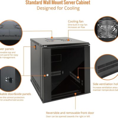 Tecmojo 12U Wall Mount Server Cabinet IT Network Rack Enclosure Lockable Door and Side Panels Black,Cooling Fan,Glass Door,17.7inch Depth,for 19 IT Equipment,A/V Devices