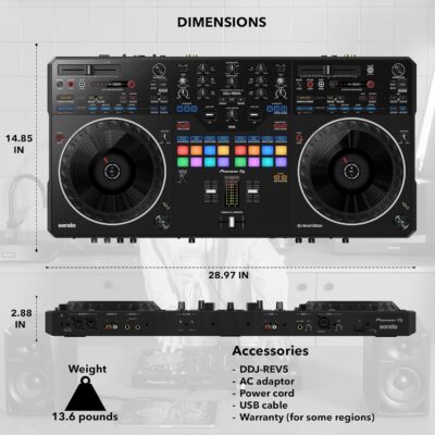 Pioneer DDJ-REV5 4-Deck DJ Controller – Black Bundle with Laptop Stand, Headphones, and Austin Bazaar Polishing Cloth