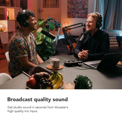 817yGBPDo6L. AC SL1500 1781115065 4767 Focusrite Vocaster Two — Podcasting Interface for Recording Host and Guest. 2 Mic Inputs and Headphone Outputs, with Auto Gain, Enhance, and Mute. Small, Lightweight, and Powered by Computer