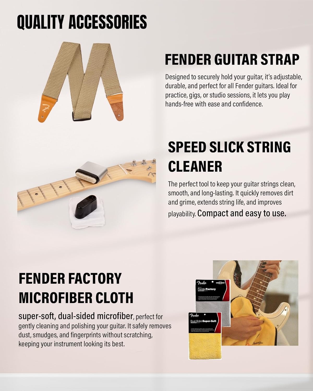 Fender Standard Stratocaster – 3-Color Sunburst Bundle with Strap, Guitar Cleaning Kit and Austin Bazaar Instructional Video