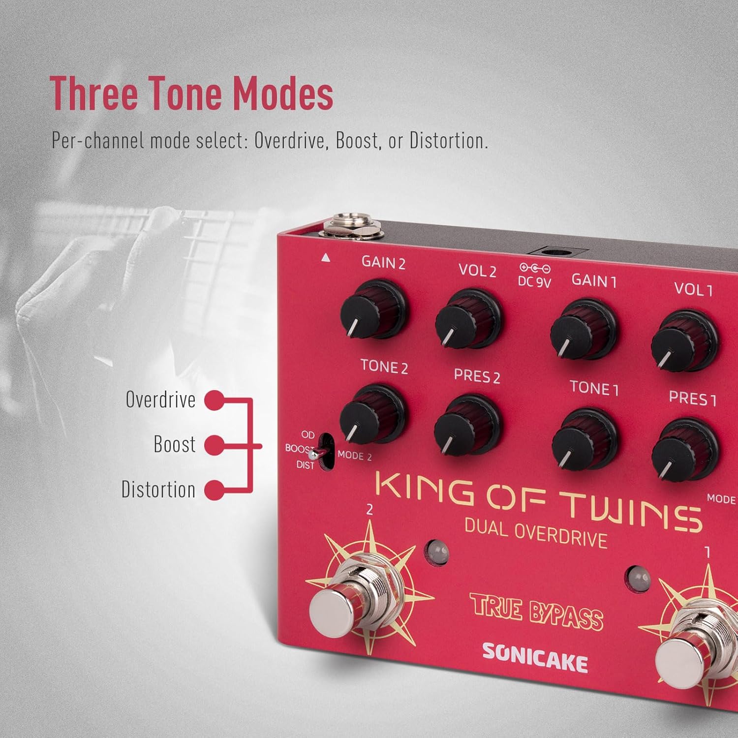 SONICAKE Overdrive Pedal, Dual Channel 3 Modes – Overdrive/Boost/Distortion Compact Effects Pedal for Bass Electric Guitar, Pure Analog Circuit, True Bypass – King of Twins QDS-08